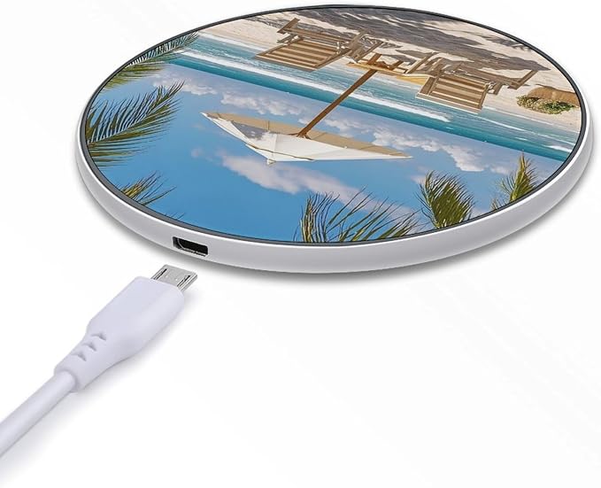 Ocean Beach Theme Wireless Charger with Aluminum Alloy Frame Qi Certified Fast Wireless Charging Pad 10W Charging Station Portable Phone Charger for All Wireless Charging Phone