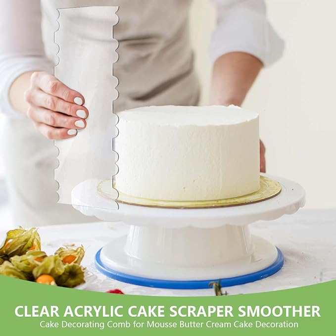 SenseYo 7 Pcs Acrylic Cake Scraper 9.5 Inch Large Icing Cream Frosting Smoother Comb Double Sided Patterned Edge Stripe for Cake Decorating Mousse Butter Baking Projects