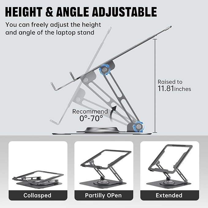 Laptop Stand for Desk, Adjustable Computer Stand with 360° Rotating Base, Ergonomic Laptop Riser for Collaborative Work, Foldable & Portable Laptop Stand, fits for All 10-16" Laptops (Grey)