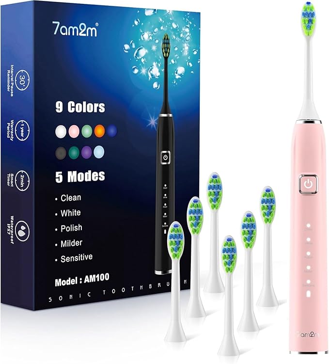 7AM2M Ultrasonic Electric Toothbrush with 6 Brush Heads for Adults&Kids, One Charge for 120 Days, USB-C Charge, 5 Modes, 40000VPM Powered Toothbrush, 2 Minutes Built in Smart Timer (Pink)