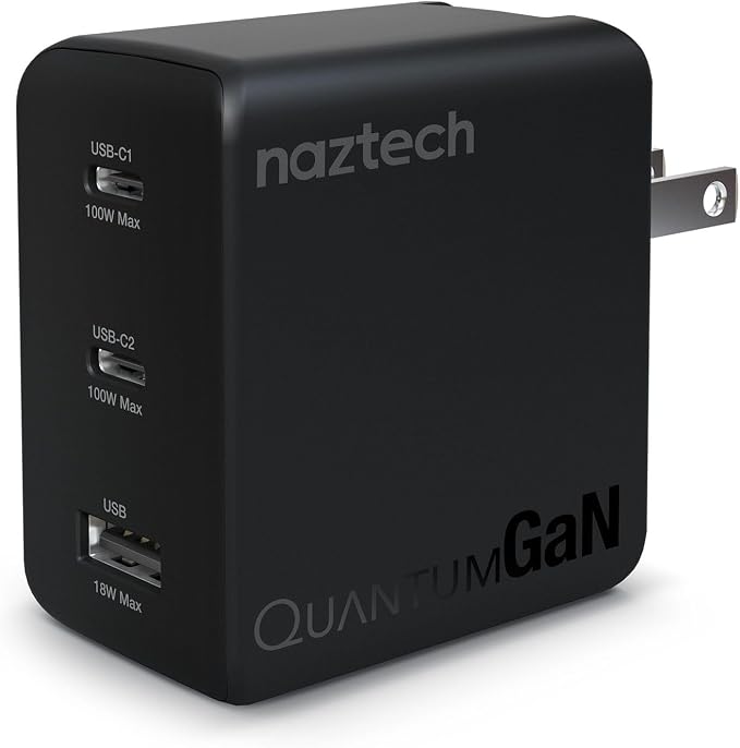 Naztech 100W USB-C PD + USB Wall Charger 3-Port GaN Ultra-Fast Compact Adapter Block High-Power Charging Dock for laptops iPhone Android Phone &amp More