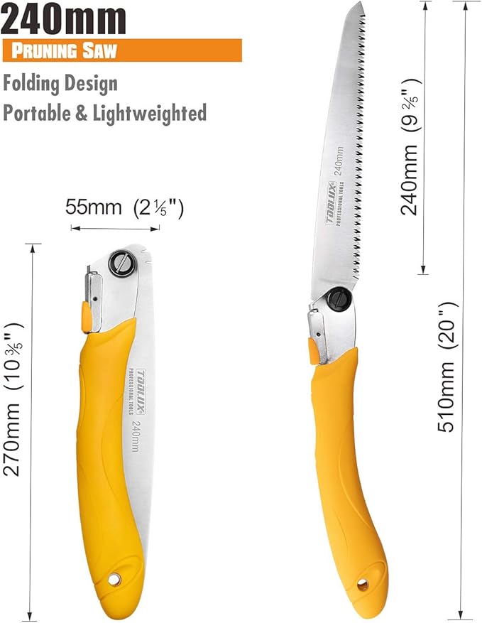 Toolux Folding Saw,9.45 Inch Hand Saws for Wood Camping, Large Dry Wood Pruning Saws With Hard Teeth, Quality SK-5 Steel Compact Design with Non-Slip Ergonomic Handle for Outdoor Use,9.45Inch-Yellow