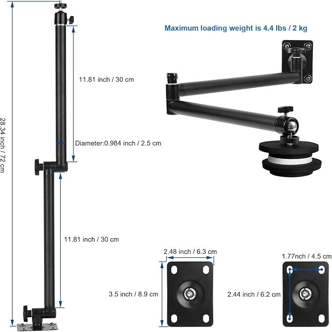 Mippko Articulating Camera Wall Mount with 1/4"-20 Threaded Compatible with DSLR/Security/Webcam/Action/LED Light/CCTV POV Camcorder Cameras,Adjustable Aluminium Alloy Arm Metal Base