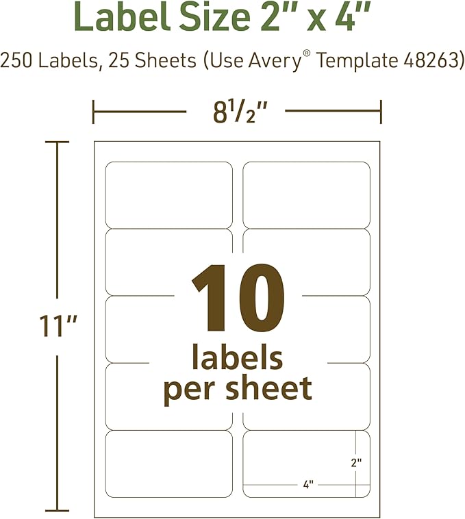 Avery EcoFriendly Recycled Shipping Labels, 2" x 4", White, Permanent Adhesive, Laser & Inkjet Printers, 250 Total, Great for Shipping and Mailing, Product Merchandising, and More (48263)