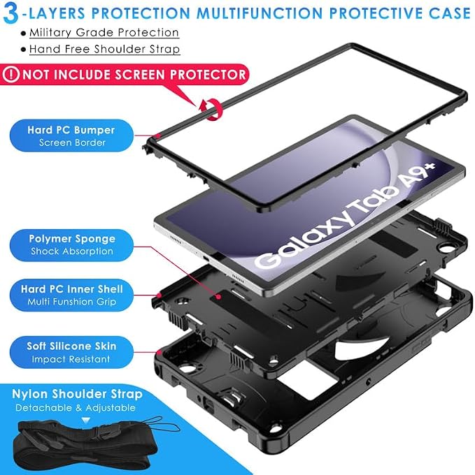 DETUOSI Case for Samsung Galaxy Tab A11+ Plus 11 2025/ A9+ Plus 2023 with Shoulder Strap 3-Layers Hybrid Heavy Duty Full-Body Shockproof4-Angles Viewing Protective Cover