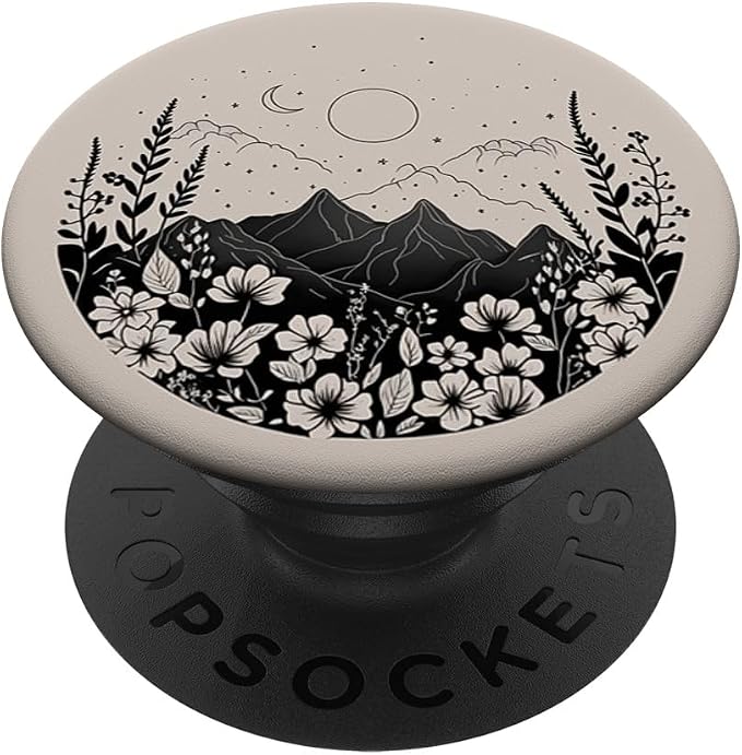 Boho Chic Floral Forest Nature Mountain Moon Sun Monochrome PopSockets Adhesive PopGrip