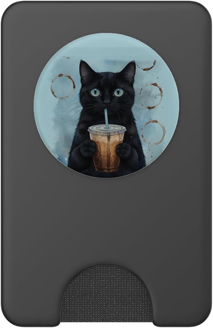 Blue Black Cat Coffee Lover Illustration Print PopSockets PopWallet for MagSafe