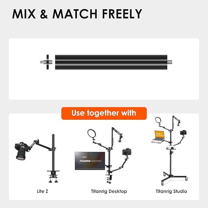 TARION Modular Base Extension Rod - 21.6"/55cm Extension Pole Set (2× 10.8" Sections) Compatible with Titanrig Lite Z, Desktop, Studio, Cart Products