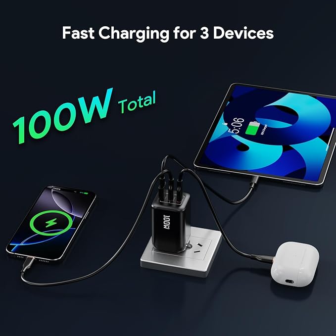 Minthouz 100W GaN Charger, 3-Port PD3.0 Fast Charging Station with Type-C & USB-A, Foldable Charger Block with 3.94FT Cable for MacBook Pro/Air, iPhone 17 16 15, Galaxy S24/S23, Pixel 8 and More