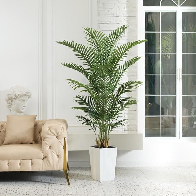 6FT Artificial Palm Tree - Tall Fake Tree with White Taper Planter & Pebbles, UV Resistant for Indoor & Outdoor Decor - Large Potted Faux Plant for Living Room, Office, Home Decor,VN130