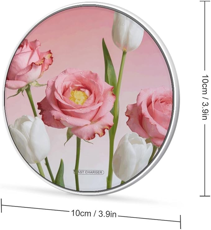 Pink White Flower Wireless Charger with Aluminum Alloy Frame Qi Certified Fast Wireless Charging Pad 10W Charging Station Portable Phone Charger for All Wireless Charging Phone