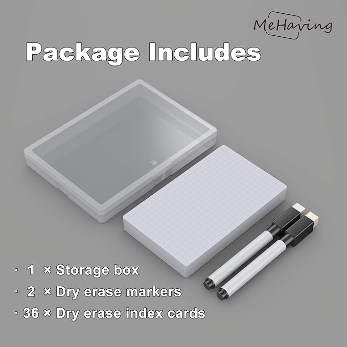 Dry Erase Index Cards 3x5 Grid & Blank, 36 Sheets Reusable Graph Flash Cards Blank with Box, Waterproof Note Cards for Studying, Small White Board Dry Erase Board, Teacher & School Supplies