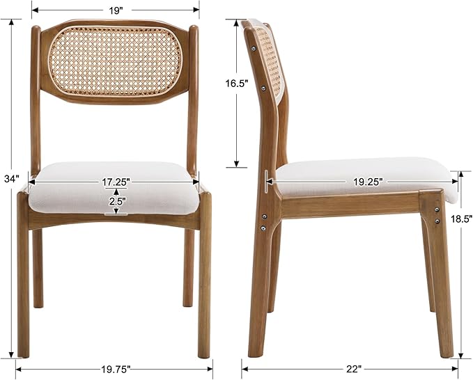 EALSON Farmhouse Rattan Dining Chairs Set of 2 Modern Mid Century Wood Dining Room Chairs with Cane Back Upholstered Linen Kitchen Side Chairs for Living Dining Room,Beige