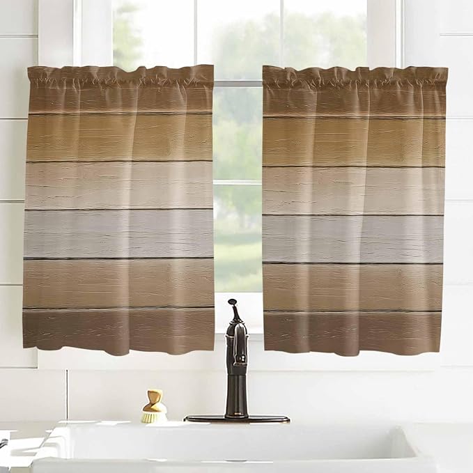 Vintage Brown Gradient Wood Grain Window Valance Curtains, Farmhouse Wood Barn