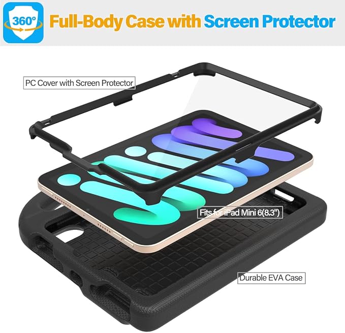 SUPLIK Kids Case for iPad mini 7 (A17 Pro) 2024 &amp iPad mini 6 2021 8.3-inch iPad mini 6th/7th Generation Case with Screen Protector Durable Shockproof Kids Cover with Handle Stand Black