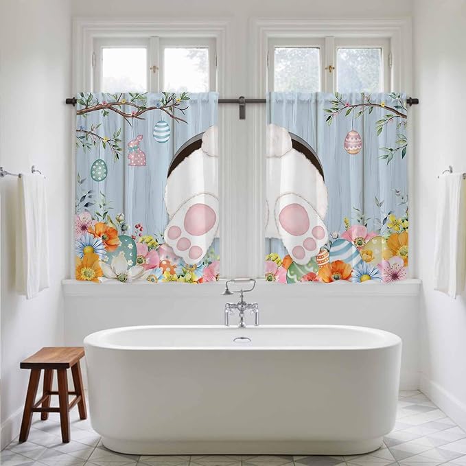 Easter Kitchen Curtains 45 Inch Long 2 Panel Set, Rod Pocket Window Treatment