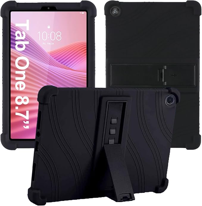 Caweet Case for Lenovo Tab One 8.7 Inch 2025 Heavy Duty Shockproof Full-Protection Adjustable Stand Silicone Cover Black