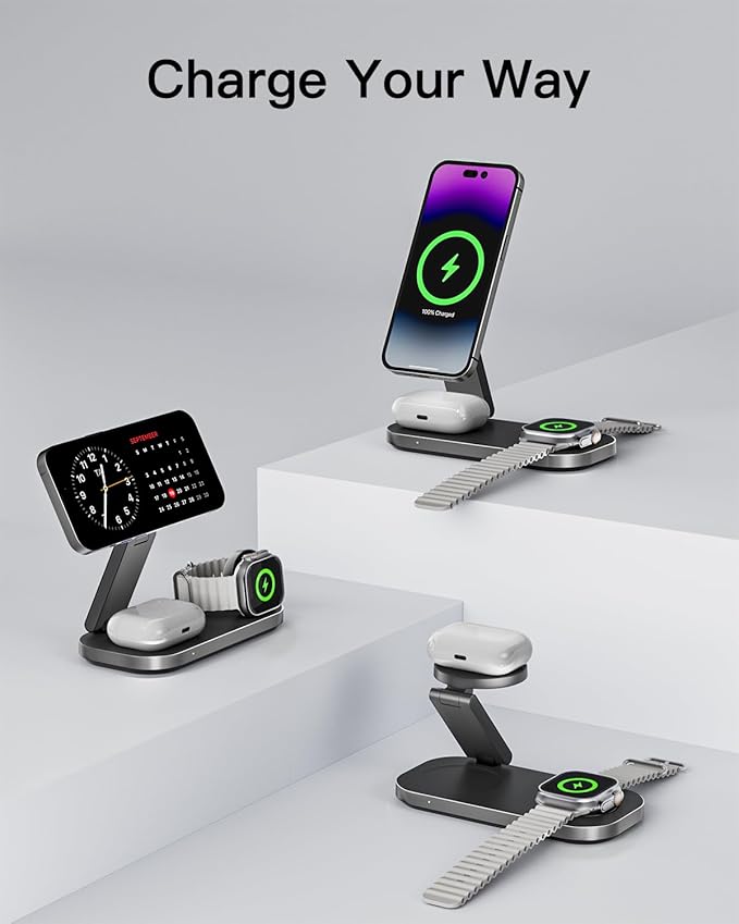 3-in-1 Charging Station for Apple Device Foldable Magnetic Wireless Fast Charger Stand Compatible with MagSafe for iPhone 17e/17/16/15/14/13/12/Air Series Apple Watch &amp AirPods-Black