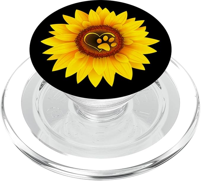 Paw Print Dog Paw Cute Dog Love Yellow Sunflower on Black PopSockets Adhesive PopGrip