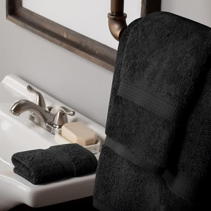 Superior Egyptian Cotton Pile 3 Piece Towel Set, Includes 1 Bath, 1 Hand, 1 Face Towel/Washcloth, Ultra Soft Luxury Towels, Thick Plush Essentials, Guest Bath, Spa, Hotel Bathroom, Black