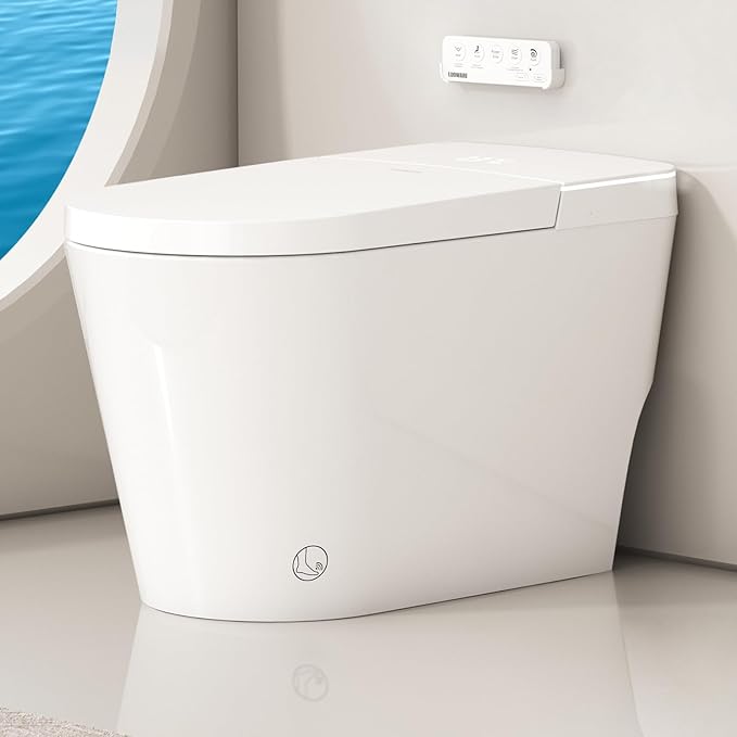 Luoware Smart Toilet with Bidet Built in, Luxury One Piece Elongated Bidet Toilet with Auto Close & Flush, Foot Sensor to Open/Close/Flush, Heated Seat, Massage Wash, Night Light, Remote Control