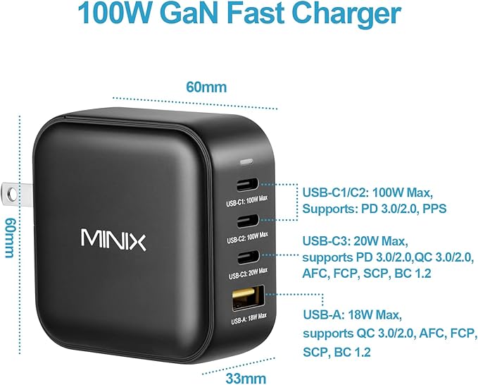 MINIX 100W USB C Charger, NEO P3 Turbo 4-Ports GaN Wall Charger, 3 x USB-C Port Fast Charging Adapter(Max 100W/20W), 1 USB-A (Max 18W). Compatible with MacBook Pro Air, Smart Phone,Laptop and More.
