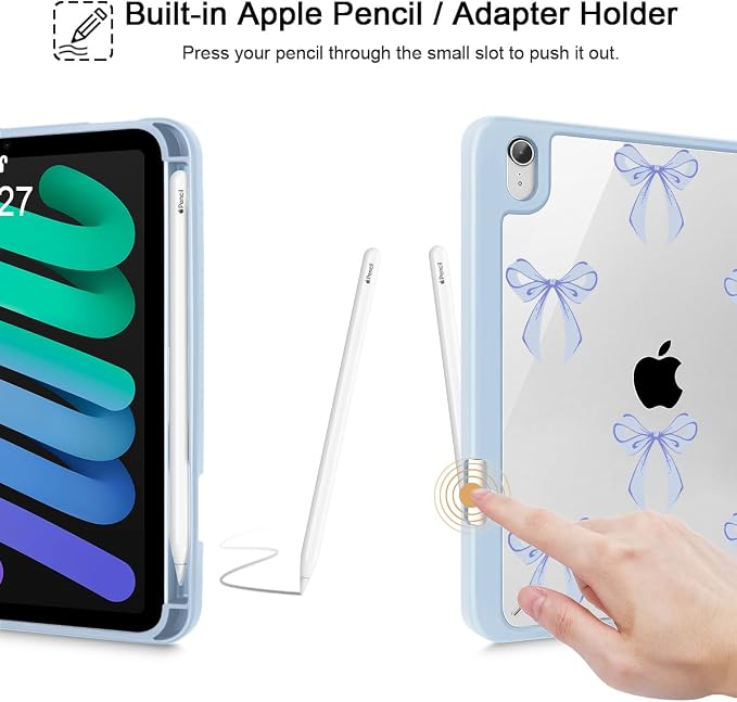 Case for iPad mini (A17 Pro 7th Generation) 2024/iPad Mini (6th Gen) 8.3 Inch with [Built-in Pencil Holder] Shockproof Cover with Clear Transparent Back Shell &amp Auto Wake/Sleep - Blue Bows