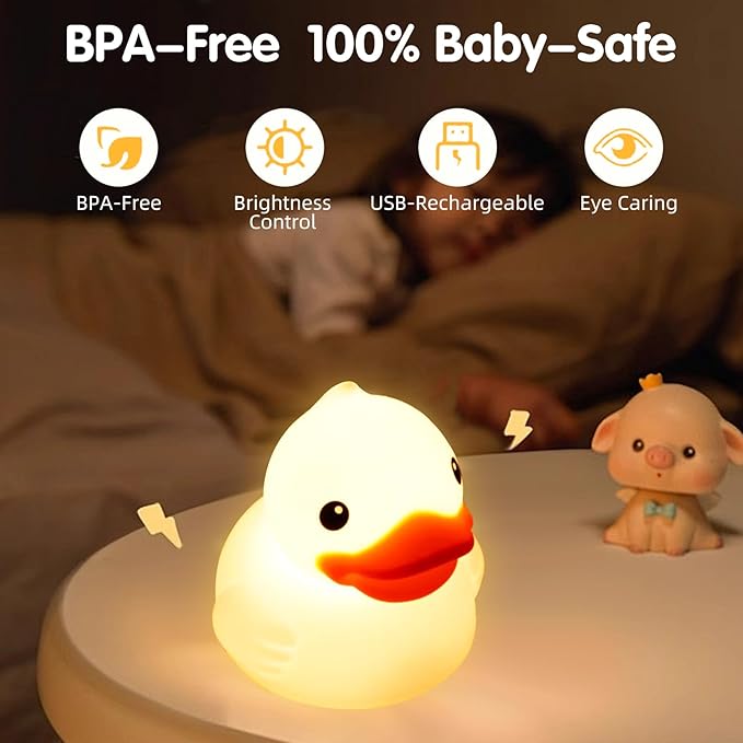 Junlumen Cute Duck Night Light – Soft Silicone Tap Lamp for Kids, USB Rechargeable, Color-Changing, BPA-Free QuackLite 7