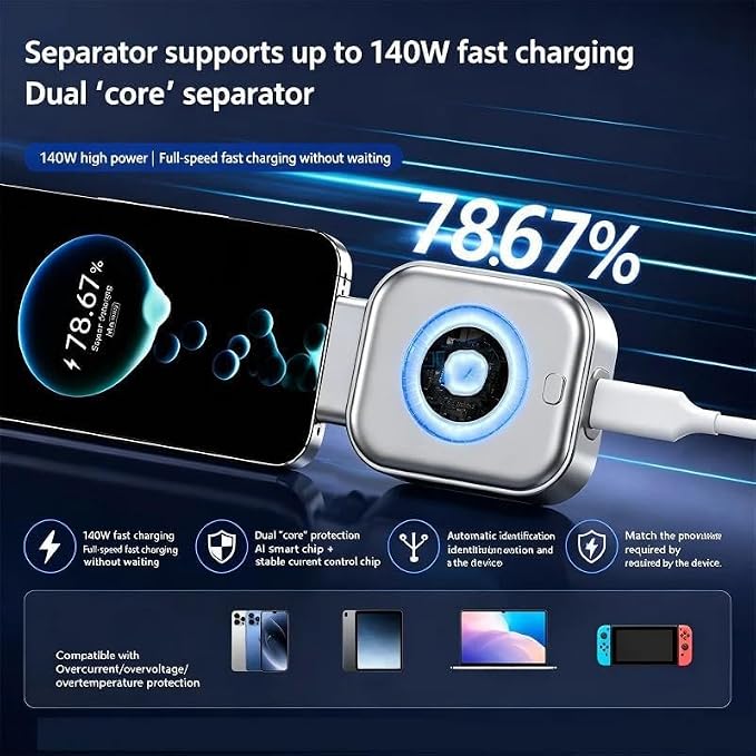 Auto Power-Off Fast Charging Adapter Fully Charged Separator Smart Auto Stop Charging Adapter AutoDisconnect ChargingCable Protector 140w Smart Power SplitterAdapter (1PC)