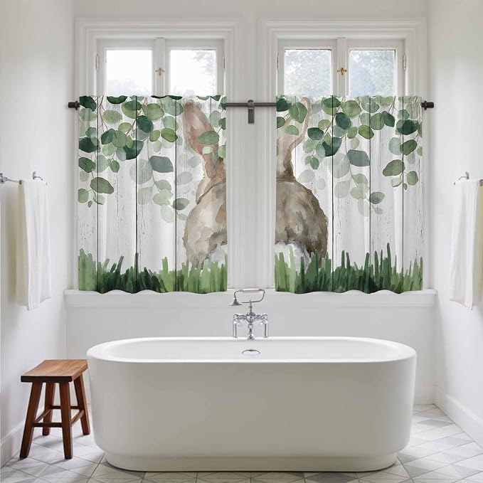 Easter Tier Curtains, Country Rabbit Botanical Leaves Wooden Grain Light
