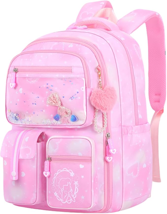 Backpack for Girls Cute Bow Kids Backpack for Elementary School Students Bookbag Middle School Bags for Girls Travel Back Pack, Dreamy Pink