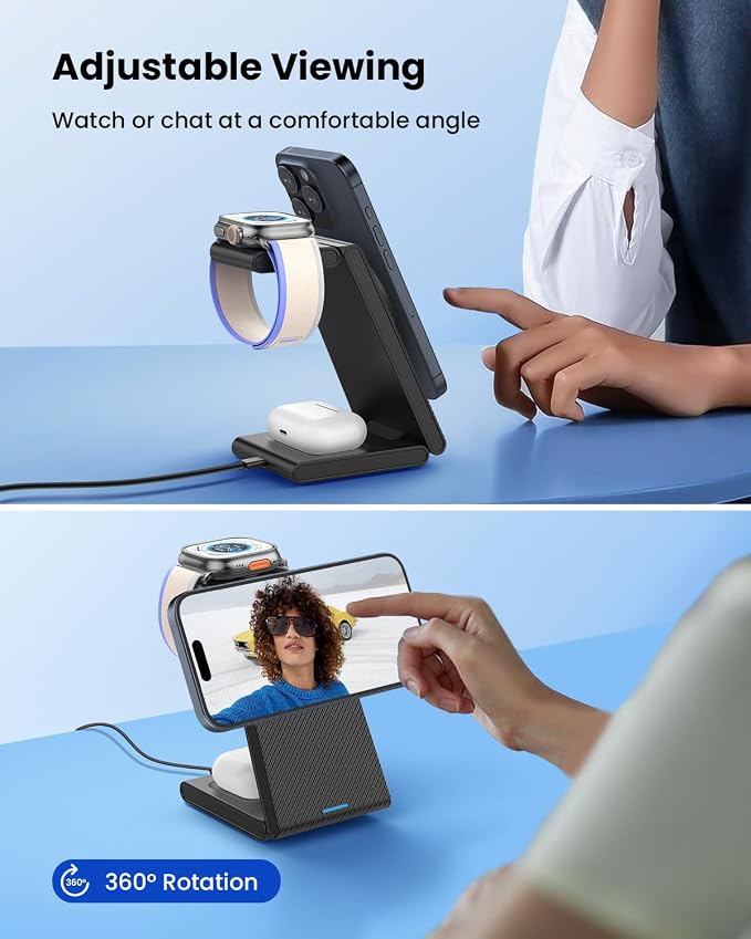 Wireless Charger Stand CIYOYO 3 in 1 Fast Wireless Charging Station Dock for Apple Watch 11/9/8/7/6/SE/5/4/3/2 Airpods 3/2/Pro iPhone 17/16/15/14/14 Plus/14 Pro Max/13/13 Pro/12/12 Pro/SE/X/XR/XS/8