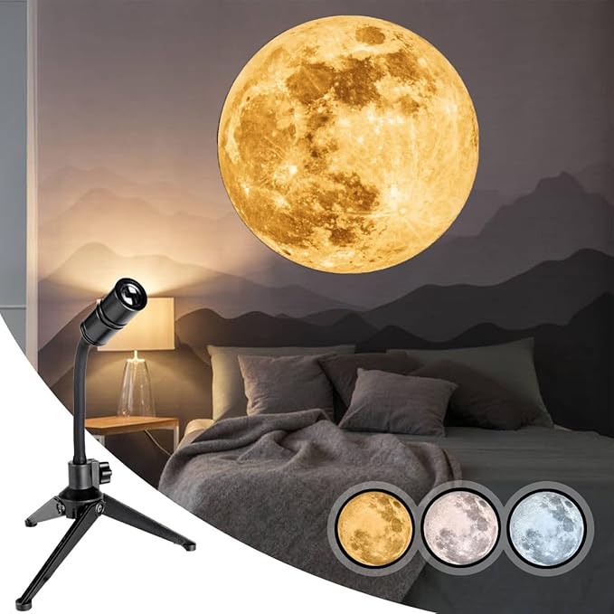 BODLYL Non-Fade Moon Projector Night Light, USB Powered Moon Lamp Romantic Atmosphere Night Light Projector for Bedroomr, Gift for Kids Moon Lover Couples Selfie Wall Ceiling Decor with 3 Colors