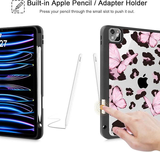 Mektron Case for iPad Pro 11 inch Case M2 2022 Generation 4th Fit 2021 2020 2018 iPad Pro 11 (3rd 2nd &amp 1st Gen) -Buit in Pencil Holder with Shockproof Cover Clear Shell Blue Bows &amp Flower