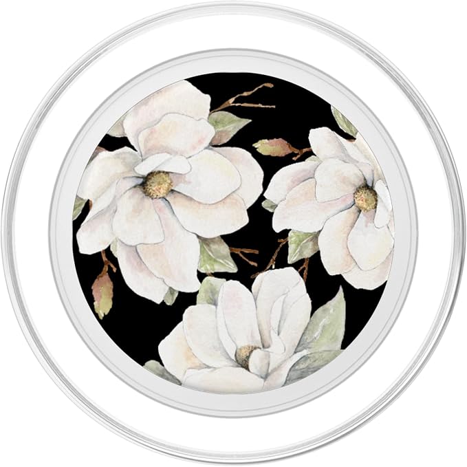 White Magnolias Floral Pattern on a Black Background PopSockets Adhesive PopGrip