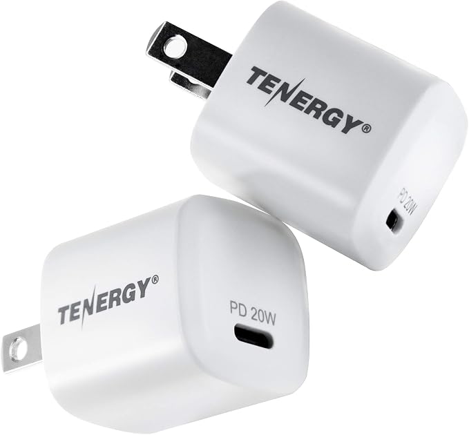 Tenergy USB-C Charger with PD 20W 2 Pack Fast Charging iPhone 12/12 Mini / 12 Pro / 12 Pro Max / 11 Galaxy Pixel 4/3 iPad Pro (Cable not Included)