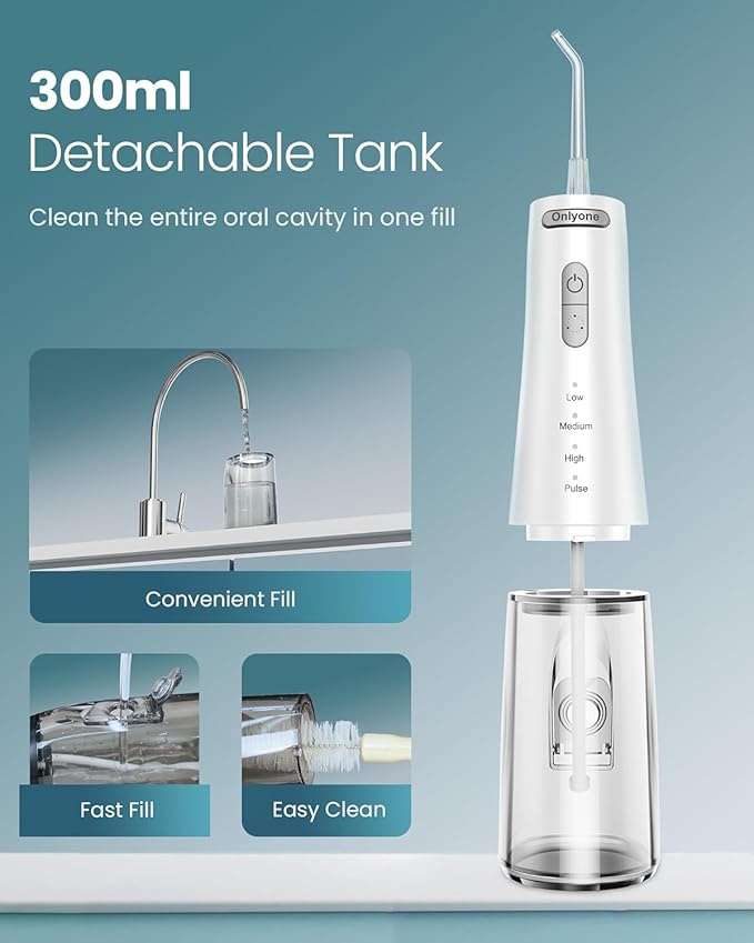 Onlyone Rechargeable Cordless Water Flosser with Adjustable Water Pressure for Daily Oral Care, Power Dental Flosser for Home and Travel Use, Portable Oral Irrigator for Sensitive Gums and Braces Care