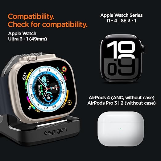 Spigen Rugged Armor Stand Designed for Apple Watch Charger Stand Compatible with Ultra 3/2/1 49mm, Series 11/10 46/42mm, 9/8/7 45/41mm, SE3/SE2/SE/6/5/4 44/40mm with Non-Slip Stable Base - Black