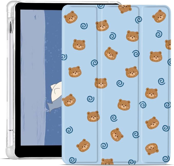 JOYLAND Bear Pad Case for 10.9 Inch iPad 2022 with Pencil Holder Blue Leather for iPad 10th Generation Trifold Stand Cover Full Body Protection Auto Wake/Sleep