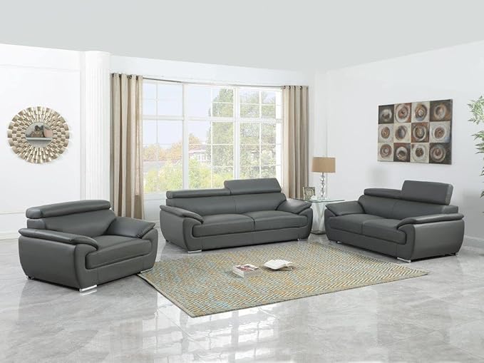Blackjack Furniture 4571 Veal Collection Modern Genuine Leather Loveseat with Adjustable Headrest, Sturdy Wood Frame and Stainless Steel Legs, Stylish Living Room Love Seat, Gray