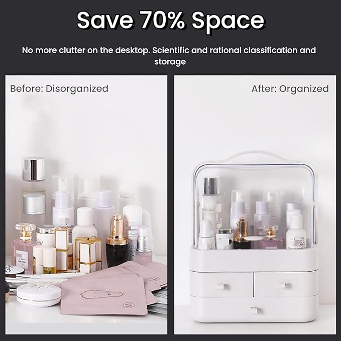 Makeup Organizer and Storage for Vanity with Lid and Drawers, Waterproof and Dustproof Portable Skincare Cosmetics Boxes, Makeup Caddy Holder for Vanity Countertop, Bathroom, Dresser-All White