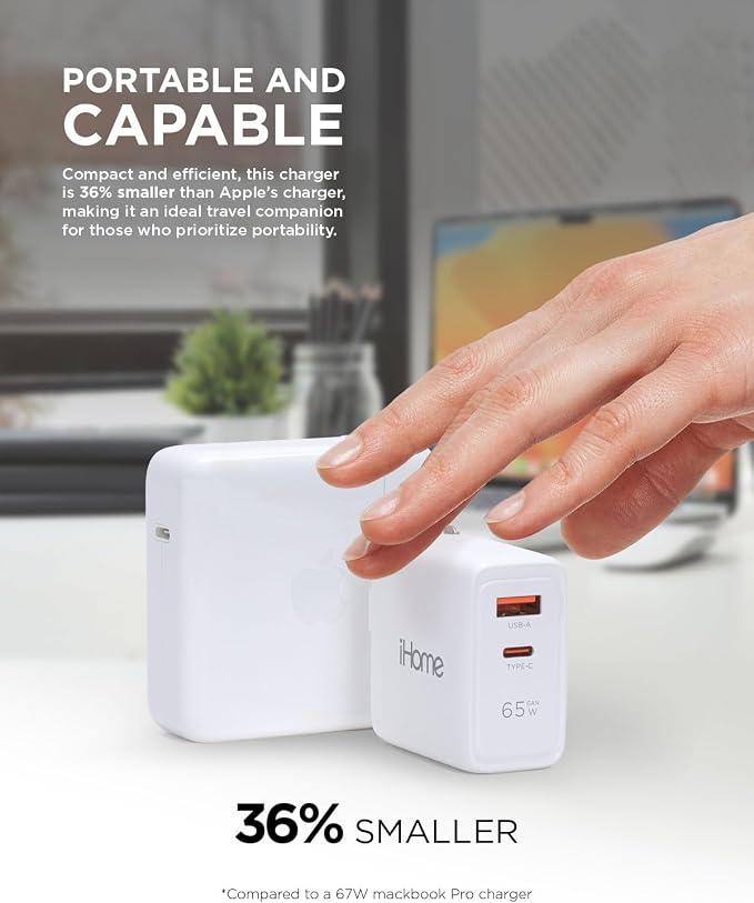 iHome 65W USB C Charger Block GaN Fast Charging with Dual Ports (USB-C PD &amp USB-A) Compact Universal Laptop Charger Foldable Plug [Video Game]