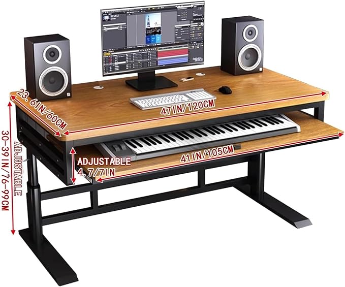 Studio Desk with Keyboard Tray | Hand-Crank Adjustable Standing Desk Workstation for Music Production, Cable Management, MIDI Keyboard Shelf (White, 55In)
