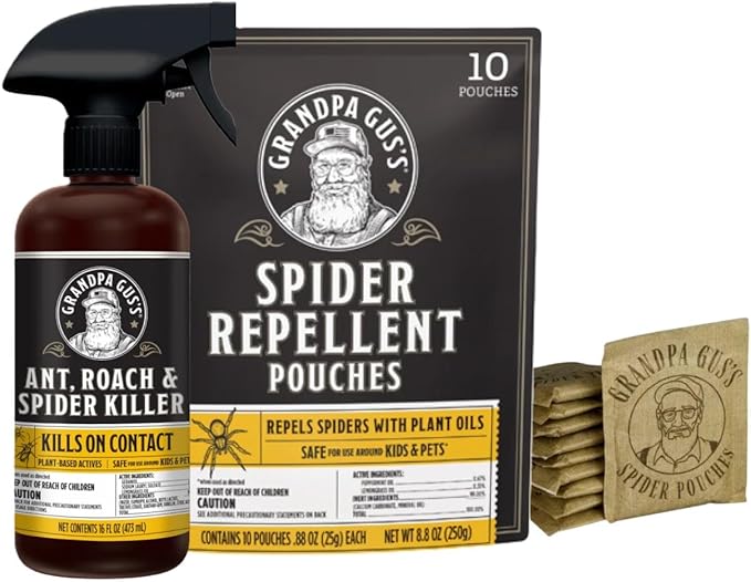 Grandpa Gus's Natural Spider and Insect Control Bundle - Non-Toxic Ant, Roach & Spider Killer Spray (16 oz) with Spider Repellent Pouches (10 Pouches), Safe Home and RV Pest Solution