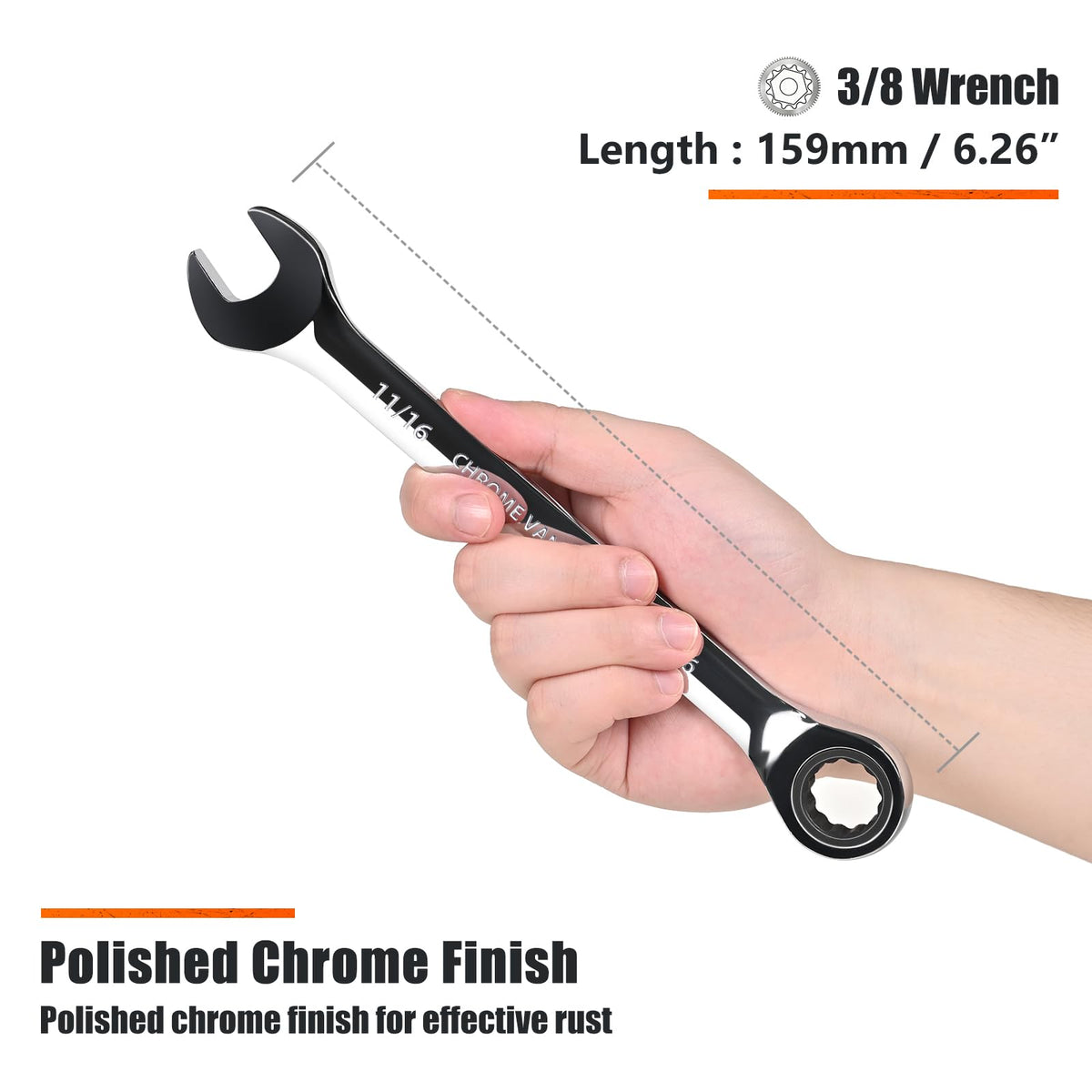 Egofine 11/16 inch Ratcheting Combination Wrench SAE, Industrial Grade Gear Spanner with 12-Point Design, 72-Tooth Ratchet, Chrome Vanadium Steel