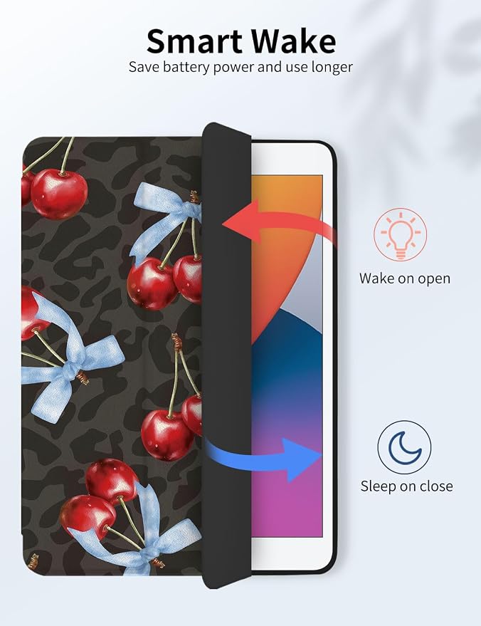 Case for iPad 9th/ 8th/ 7th Generation Case 10.2&amp10.5 Inch (2021/2020/2019 Release) Slim Lightweight Soft Trifold Back Cover with Pencil Holder &amp Auto Sleep/Wake Cover Cherries Cheetah Bows