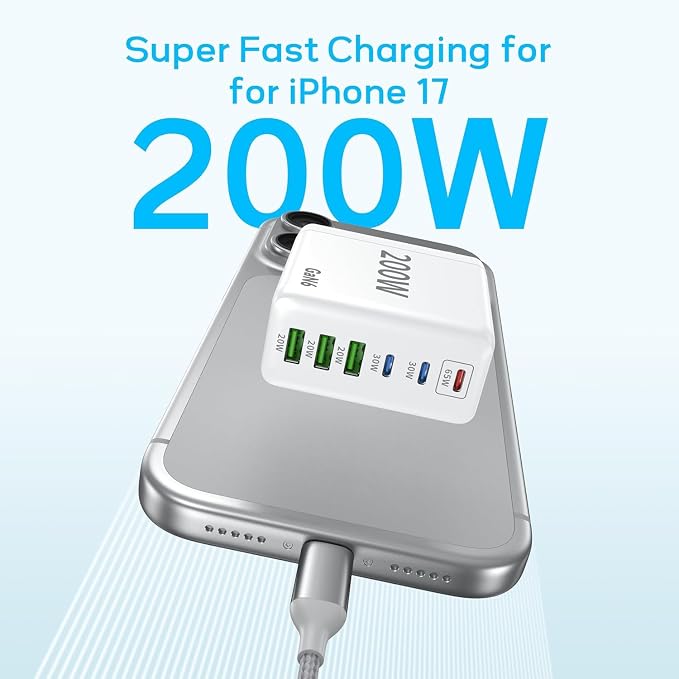 2 Pack USB C Charger Block 200W GaN Super Fast Charger Type C Fast Charging 6 Port Foldable PD Charging Station for All Phone/Android Samsung Galaxy S25/S24/MacBook iPad