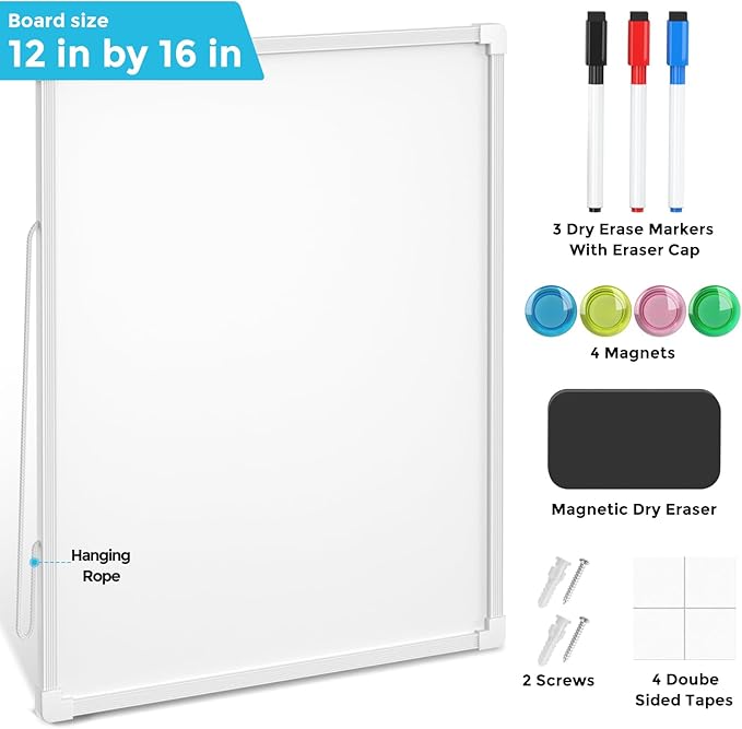 MaxGear Double-Sided Dry Erase Board for Wall, 16"x12" Hanging Whiteboard, Small Dry Erase White Board with 3 Markers and 4 Magnets, Portable Whiteboard for Planning, Drawing, Memo, to Do List