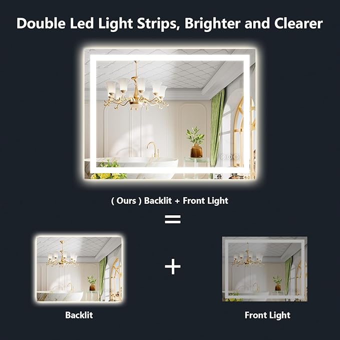 YEELAIT 40x30 Inch LED Bathroom Mirror with Lights Front and Backlit Lighted Vanity Mirror for Bathroom Wall with 3 Colors Dimmable Anti-Fog Memory Shatter-Proof IP54 Waterproof Horizontal/Vertical