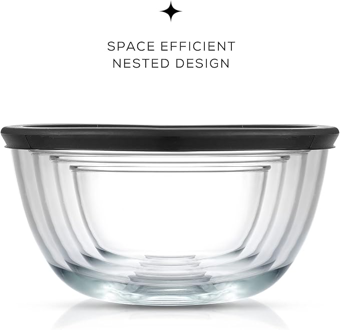 JoyJolt Kitchen Mixing Bowls - 8pc Glass with Lids Set – Neat Nesting Large Bowl Batter Cooking Storage and Big Salad BPA-Free Black